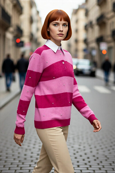 PayBuy Women's Oversized Striped Polo Neck Low Sleeve Stone Embroidered Knitw...