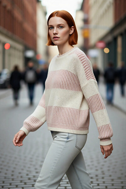 PayBuy Pulover de tricotat cu mânecă lungă, cu decolteu oversize, pentru femei, cu blocuri de culoare, ideal pentru zilele de iarnă