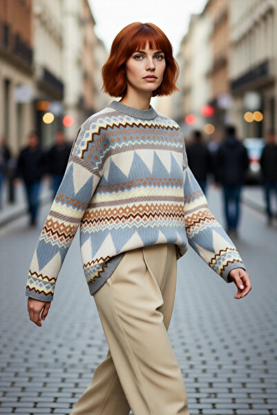 PayBuy Women's Oversized Ethnic Patterned Crew Neck Low Sleeve Knitwear Sweater Is a Stylish and Comfortable Choice for Winter