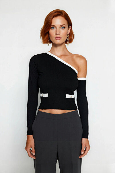 PayBuy Women's Black Color Block Asymmetrical Neckline Fitted Crop Long Sleeve Slim Knitwear Sweater Spring Autumn