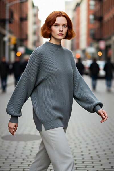 PayBuy سترة نسائية كبيرة الحجم بأكمام بالون منسوجة بياقة دائرية طويلة ومستقيمة من التريكو الأساسي 100% أكريليك