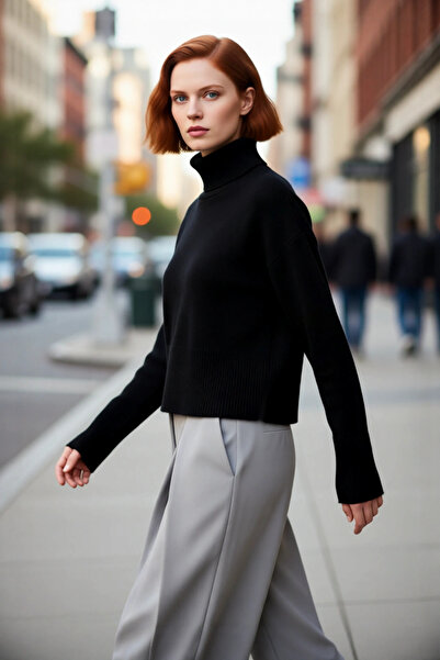 PayBuy Pulover de tricotat oversize pentru femei, cu guler ridicat, mâneci st...