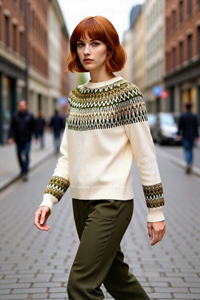 PayBuy Women's Regular Fit Ethnic Patterned Crew Neck Raglan Sleeve Knitwear Sweater Ideal for Winter Days Elegance