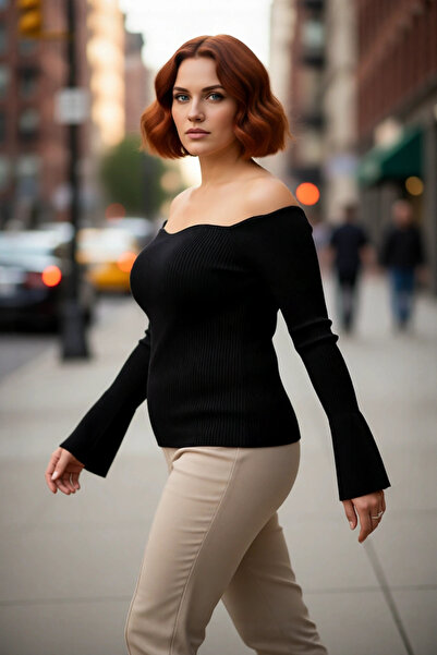 PayBuy Kadın Şık Fitted Carmen Yaka Fitilli Triko Kazak Düz Desen Uzun Reglan...