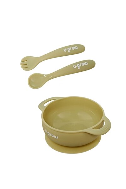 U-Grow Set bol cu lingurita si furculita silicon pentru bebelusi U-Grow, olive