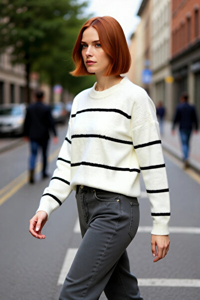 PayBuy Pulover de tricotat pentru femei, oversize, cu dungi, cu decolteu, cu ...