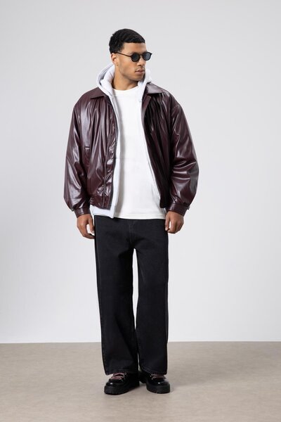 VAMOSCLO Basic Faux Leather Oversize Jacket Burgundy