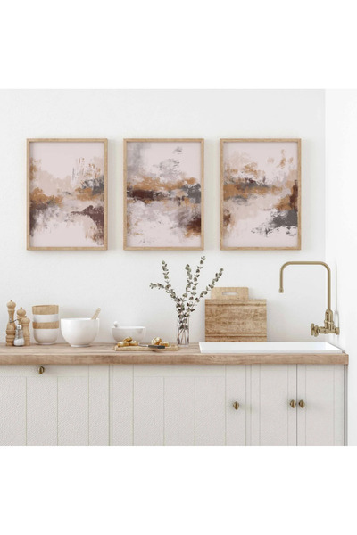 PAM STUDIO Bej Kahverengi Soyut 3’lü Tablo Seti - Modern Minimal Duvar Dekoru...
