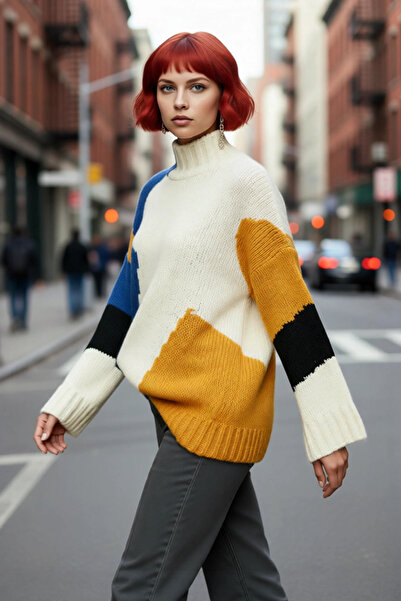 PayBuy سترة نسائية طويلة بياقة عالية وأكمام منخفضة بألوان متباينة من نسيج سالونيك للشتاء