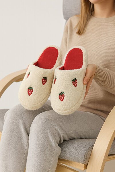 Beyond Women's Cream Strawberry Embroidered Plush House Slippers Byndfkb02