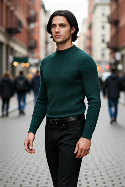 PayBuy Erkek Fitted Dar Kalıp Dik Yaka Uzun Kol Fitilli Triko Kazak Kış Günle...