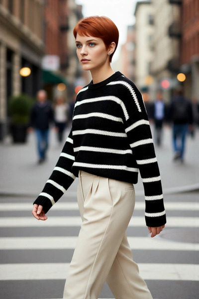 PayBuy Puloverul de tricotat cu dungi oversize pentru femei oferă eleganță și confort, ideal pentru zilele de iarnă