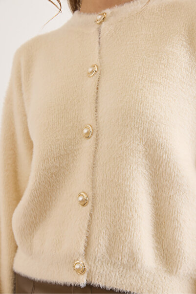 Olalook Women's Ecru Button Detailed Soft Textured Beard Knitwear Cardigan Hrk-19000430