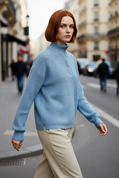 PayBuy سترة نسائية كبيرة الحجم بأكمام طويلة وياقة عالية مع سحاب، تريكو سيلانيكي محبوك أساسي بأكمام طويلة وجودة عالية