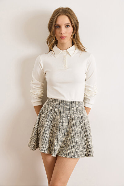 Olalook Kadın Ekru Polo Yaka Tok Pamuk Bluz BLZ-19003143