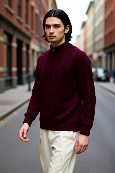 PayBuy Unisex Regular Fit Fermuarlı Yarım Balıkçı Yaka Kalın Saç Örgü Triko K...