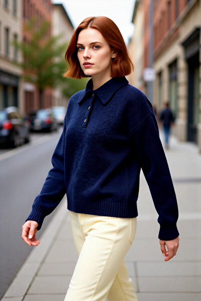 PayBuy سترة نسائية تريكو بياقة بولو واسعة باللون الأزرق الداكن، مثالية لأيام ...