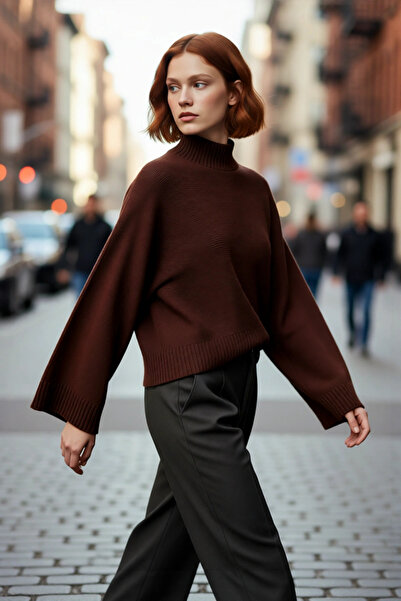 PayBuy Kadın Oversize Dik Yaka İspanyol Kol Akrilik Triko Kazak Soğuk Havalar...