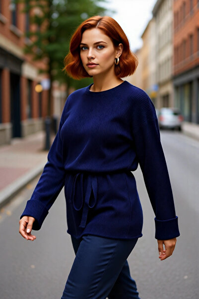 PayBuy Women's Relaxed Fit Belted Crew Neck Long Straight Ribbed Knit Sweater for Everyday Wear