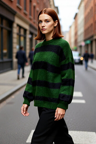 PayBuy Women's Oversized Comfortable Crew Neck Striped Knitwear Sweater Ideal for Winter Season Low Sleeve Design