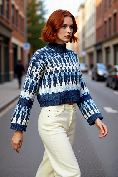 PayBuy Women's Ethnic Patterned Oversized Stand Collar Low Sleeve Thick Crop Knitwear Sweater Winter Casual Chic