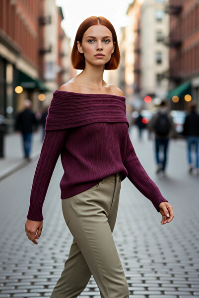 PayBuy Kadın Carmen Yaka Regular Kalıp Uzun Kollu Fitilli Triko Kazak Gündüz ...