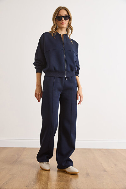 Olalook Women's Navy Blue Zippered Top with Stitching Detail on the Bottom Tracksuit Set Etkm-0000085