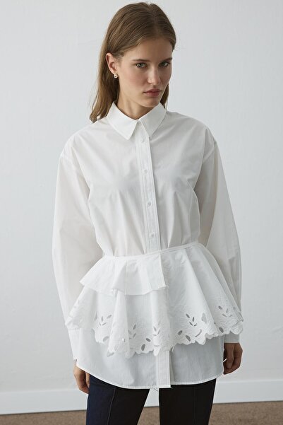 Hooopstore Premium Poplin Pleated Detailed Embroidered White Collar