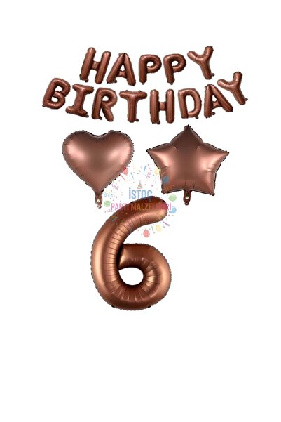 İSTOÇ PARTİ Brown Color Happy Birthday Number Heart Star Foil Balloon Set Age 6