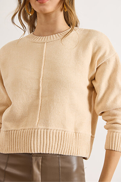 Olalook Women's Ecru Stand Collar Stitching Detailed Crop Chenille Sweater Kzk-19001034