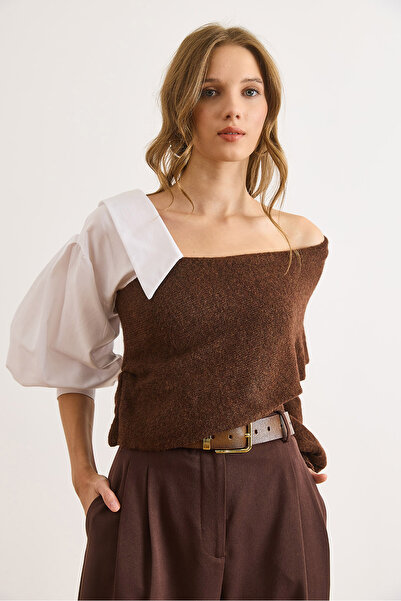 Olalook Kadın Kahverengi Poplin Detaylı Trend Triko Kazak KZK-19001029