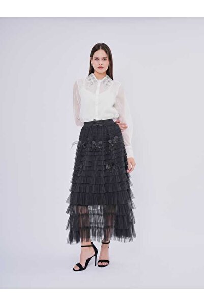 SERPİL Taş İşlemeli Saten Uzun Kollu Kadın Gömlek 50574