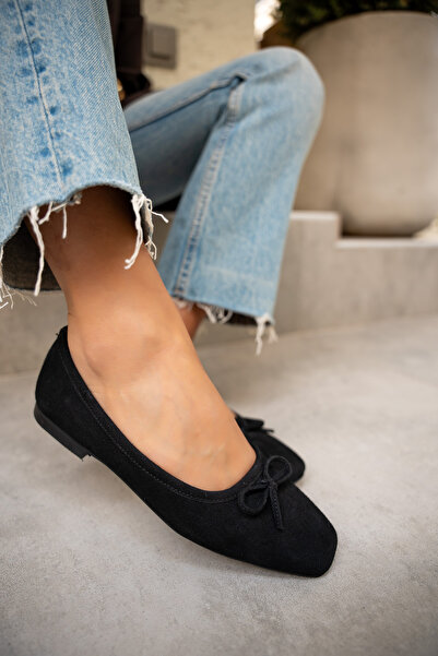 LAMİNTA Linda Black Suede Bow Detailed Women's Ballerinas