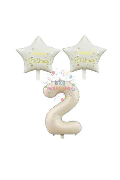 İSTOÇ PARTİ Beige Number and Happy Birthday Written Star Foil Balloon Set Age 2