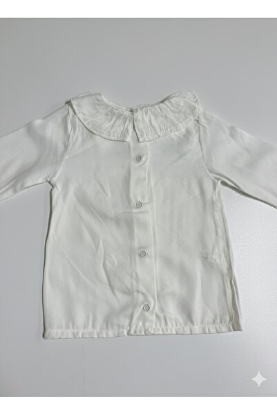 SECHIL Kız Bebek Örgü Görünümlü Fırfır Yaka Beyaz Bluz ve Jile Takımı İkili Set