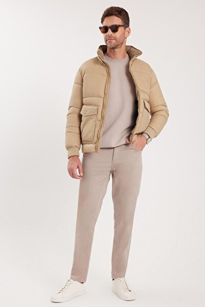 Tudors Men's Regular Fit Classic Cut Double Pocket Elastic Stand Collar Sand Color Coat