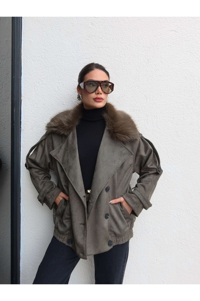 ESRAHELVACI Fur Collar Waist Elastic Suede Jacket