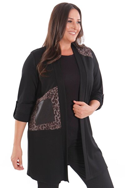 Metpoint Trend42Plus Plus Size Leopard Print Black Cardigan