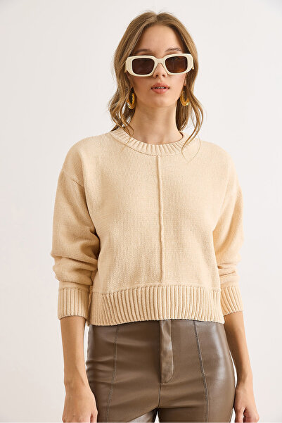 Olalook Women's Ecru Stand Collar Stitching Detailed Crop Chenille Sweater Kzk-19001034