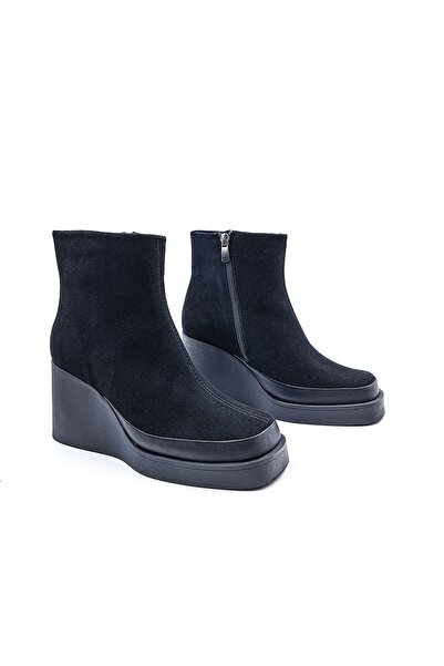 Cassido Hakiki Süet Deri Dolgu Taban Siyah Kadın Bot