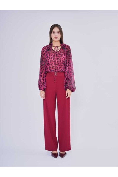 SERPİL Leopar Desenli Bağcıklı Şifon Kadın Bluz 50416