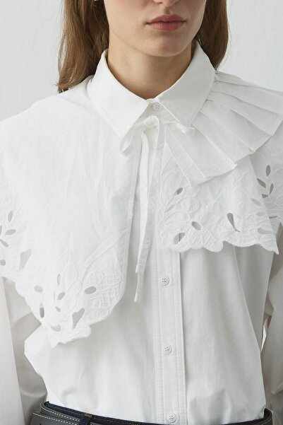 Hooopstore Premium Poplin Pleated Detailed Embroidered White Collar