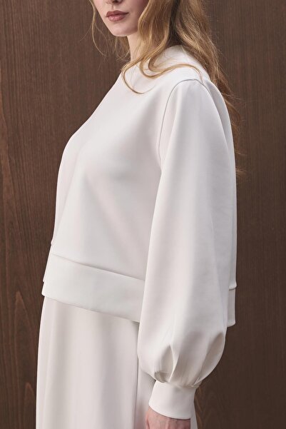 Hooopstore Balon Kol Scuba Ecru Skirted Suit