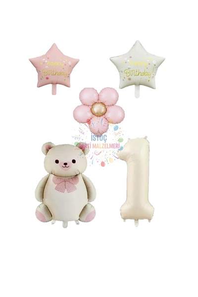 İSTOÇ PARTİ Cream Color Number and Teddy Bear Starry Daisy Foil Balloon Set A...