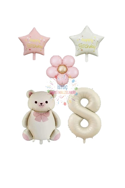 İSTOÇ PARTİ Cream Color Number and Teddy Bear Starry Daisy Foil Balloon Set A...