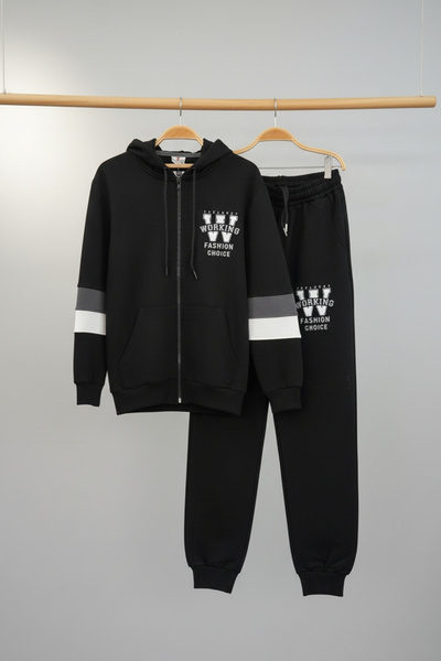 zubi baby & kids wear Zippered Hooded Block Detailed Black Boys' Tracksuit Set