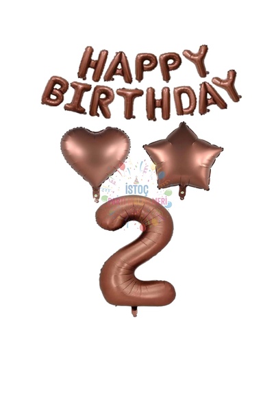 İSTOÇ PARTİ Brown Color Happy Birthday Number Heart Star Foil Balloon Set Age 2