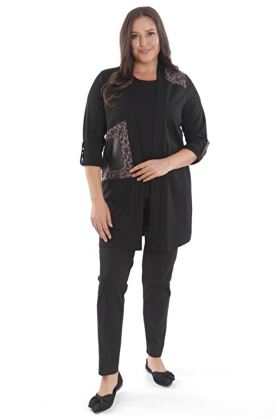Metpoint Trend42plus Büyük Beden Leopar Desenli Siyah Hırka