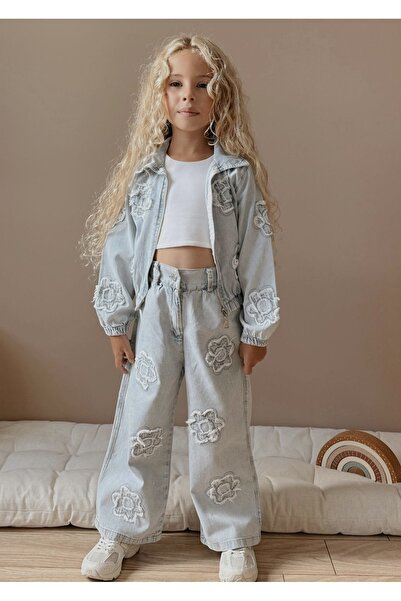 Patriko Girls' Denim Fabric Jeans Jacket - Denim Pants Flower Embroidery Patterned Jacket Jean Bottom Top Set 3-10 Years