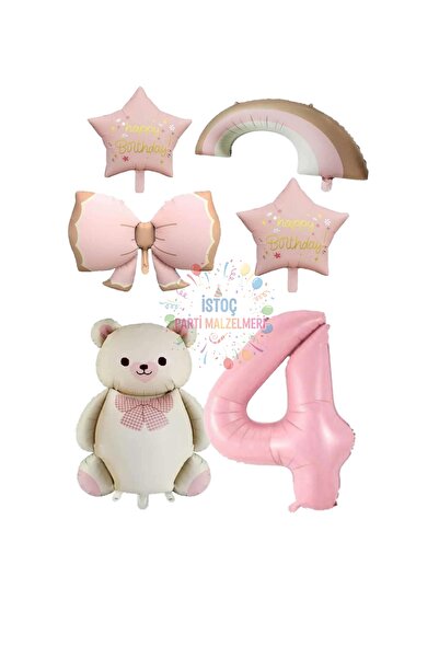 İSTOÇ PARTİ Pink Color Bow Star Number Rainbow and Cream Teddy Bear Foil Ball...